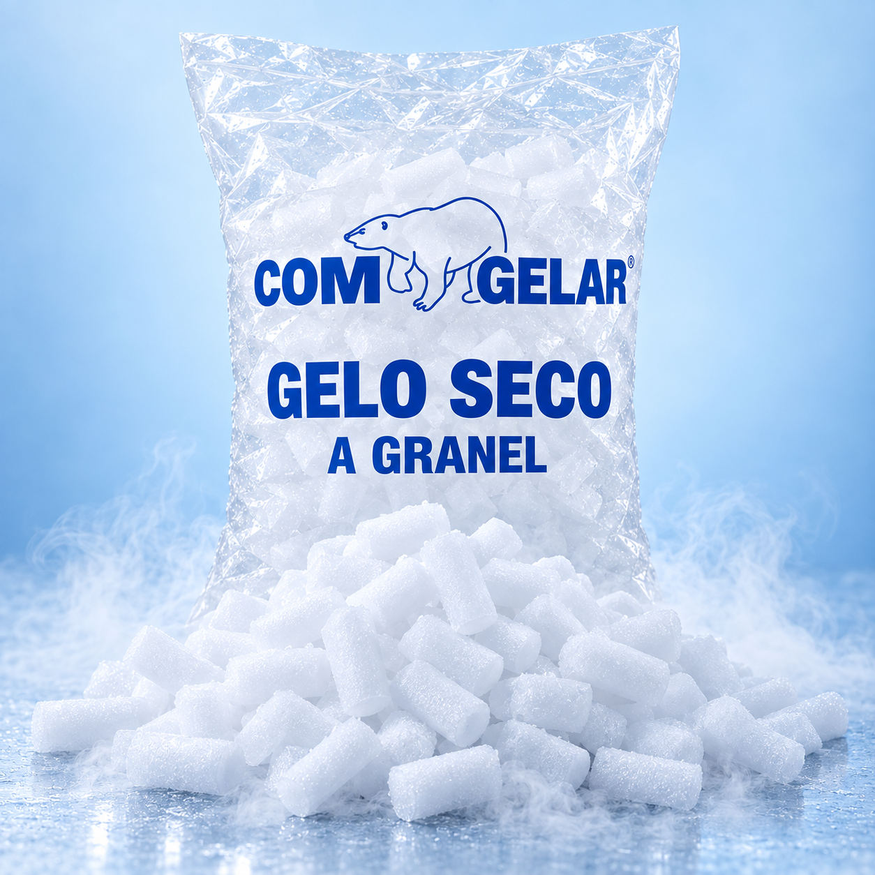 Gelo seco a granel Comgelar com embalagem ao fundo